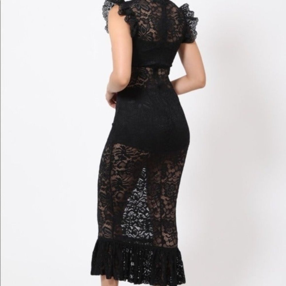 Valentine Black Sheer Lace Midi Dress - Picture 3 of 8